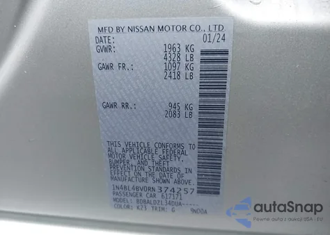 2024 Nissan Altima S Fwd z USA, uszkodzony, nr VIN 1N4BL4BV0RN374257
